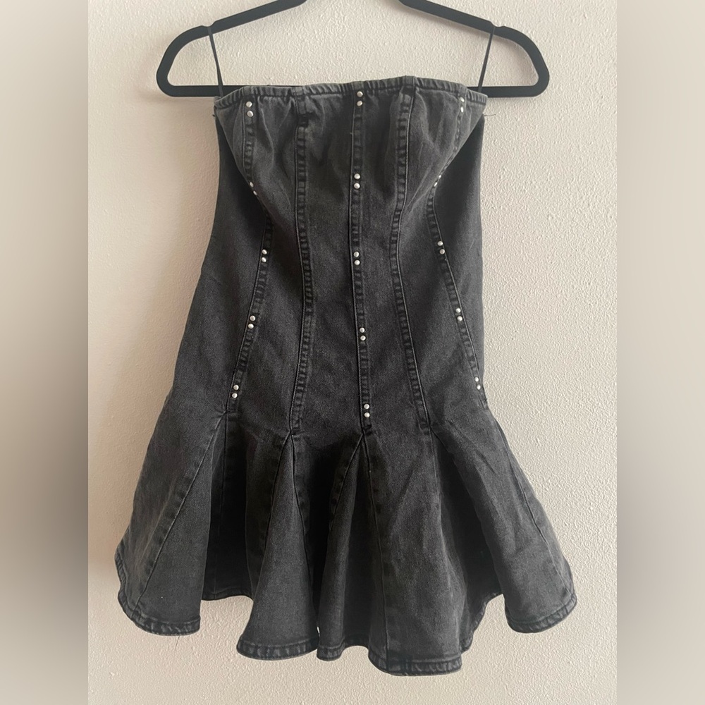 Black Denim Strapless Dress with Stud Accents